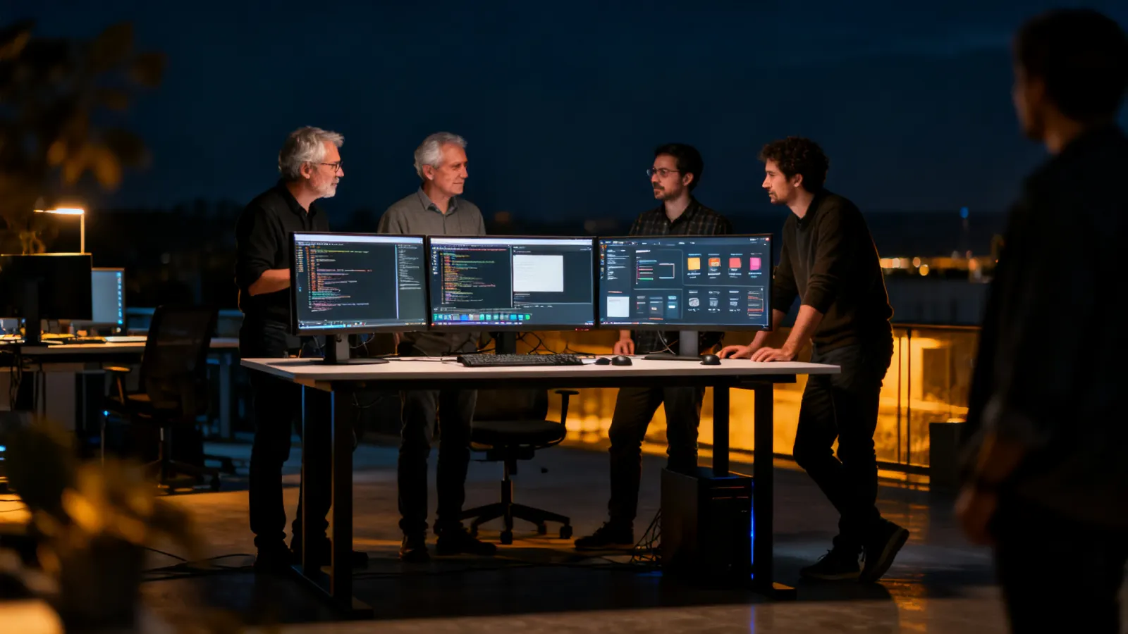 An engineering team reviewing a build
